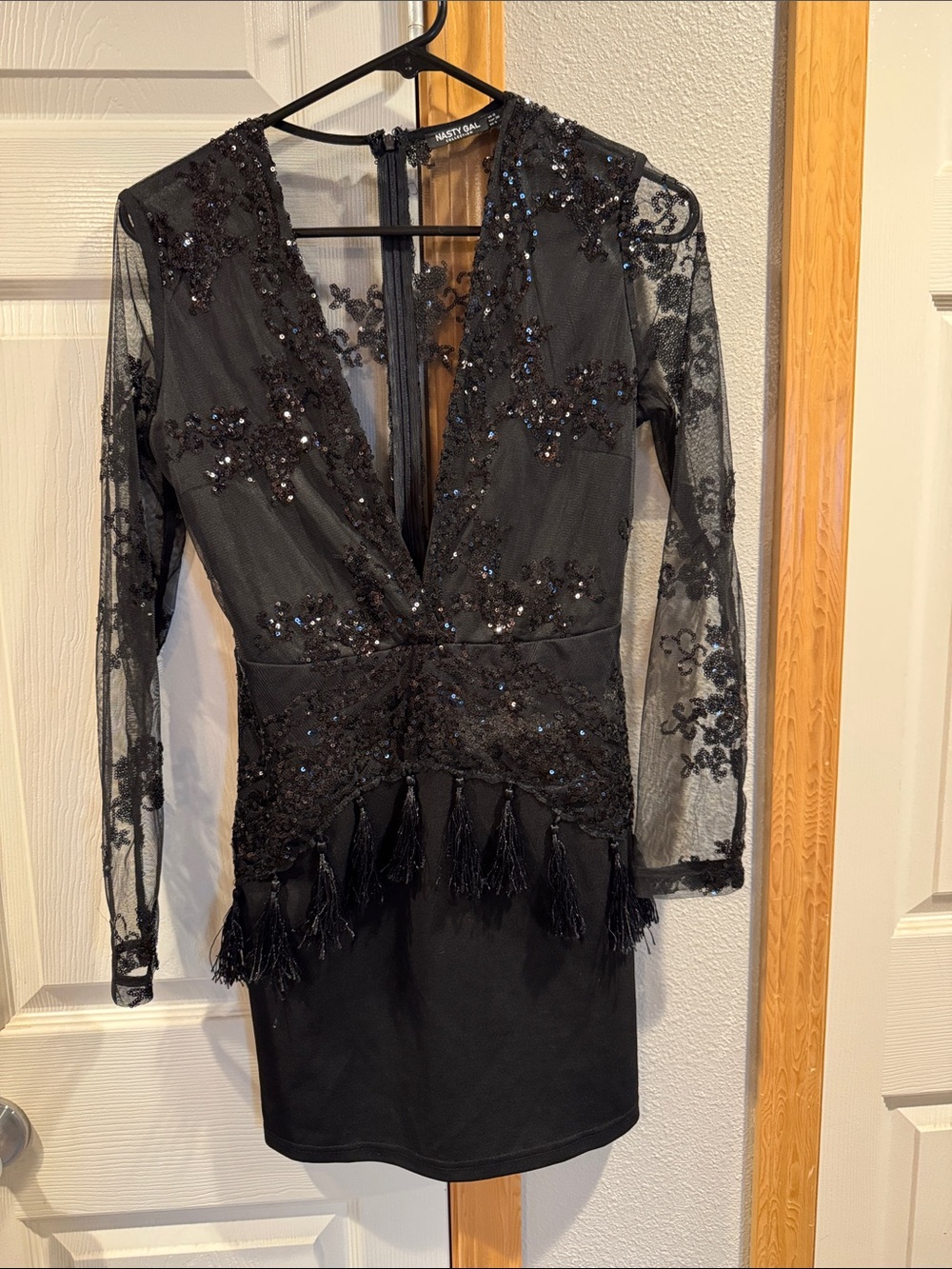 Nasty Gal Black Sequin Lace Tassel Long Sleeve Mini Dress